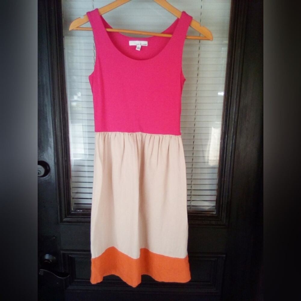 Lucy and Laurel Colorblock Pink Orange Natural Linen Blend Dress xs